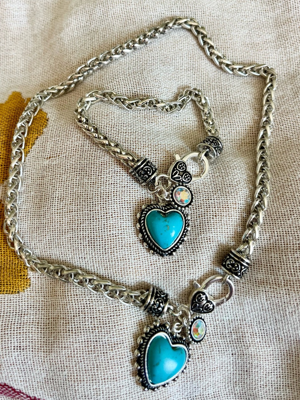 Silver-Plated Necklace and Bracelet Set with Turquoise Heart Charms